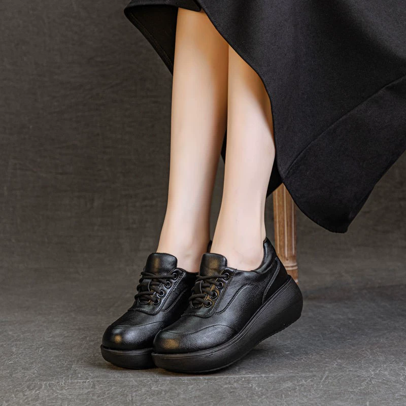 Толстая шнуровка-качалка мягкая подошва удобная мама обувь круглая голова пригородная одиночная обувь женщина 2024 весна и осень повседневная обувь Lefu