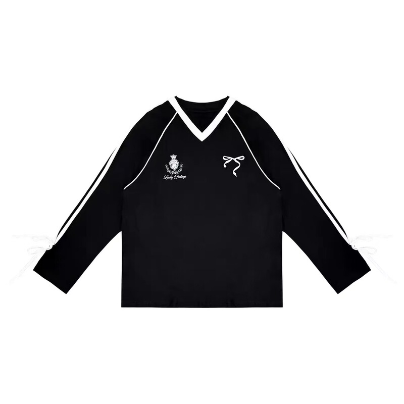 AsGony blokette アメリカンレトロスポーツボウジャージルーズVネック万能白長袖トップス|undefined