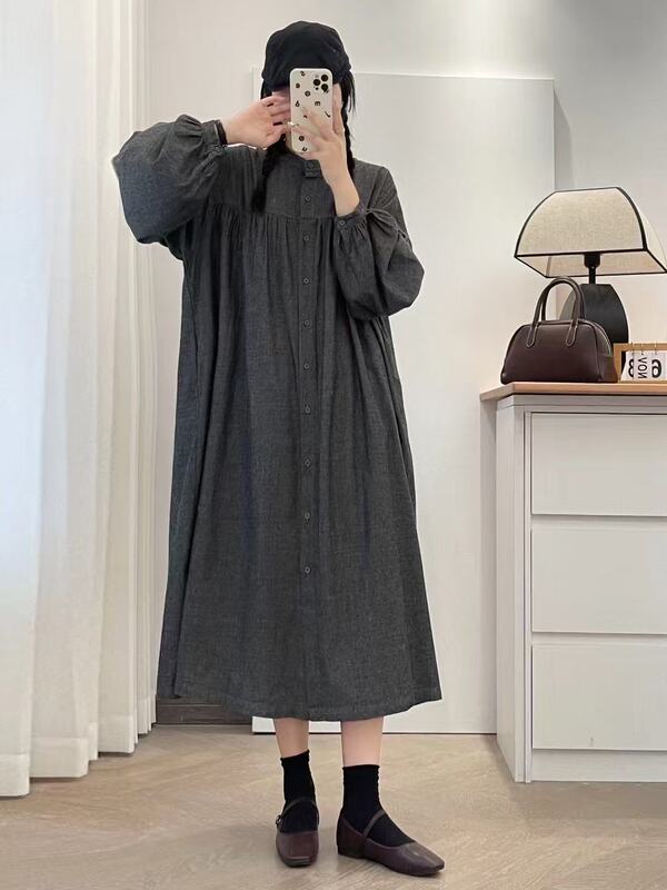日系森系棉质拼接连衣裙秋季新款减龄宽松百搭显瘦灯笼袖中长裙子|undefined