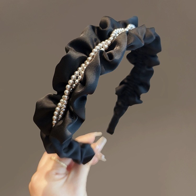 新しい黒のプリーツサテンヘッドバンド、パール付き、つば広洗顔、滑り止め、多用途ヘアピン、ヘアピン、ヘアアクセサリー|undefined