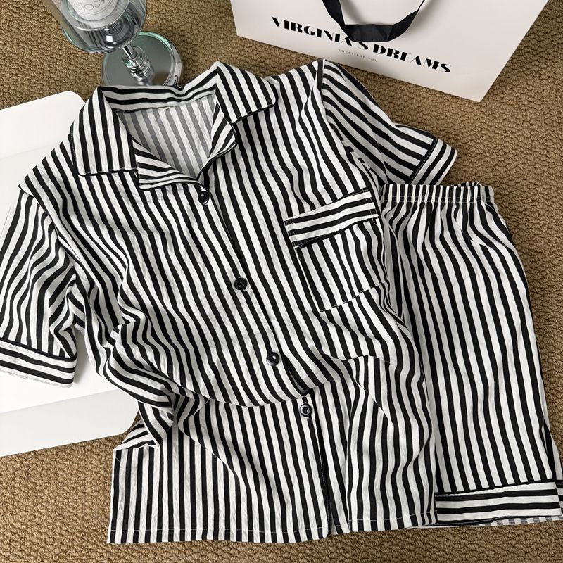 Coreano simple color contraste rayas pijama mujer 2026 nuevo verano relajado pantalones cortos de mangas cortas ropa para el hogar dos piezas conjunto