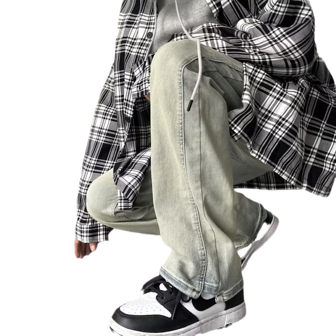 Primavera y verano lavados y desgastados pantalones vaqueros delgados de barro amarillo, pies pequeños de moda para hombres, pantalones de calle americanos 2024