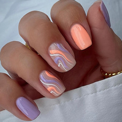 Spring and Summer Vitality Ripple Beauty Nails, Medium-Long Square Taro Purple Fresh Orange Nail Art, Mixed Batch Nails