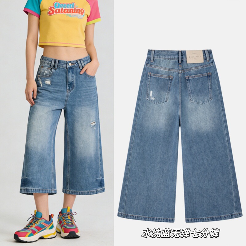 Boyfriend Style Washed Blue Cropped Jeans for Women 2026 Summer Straight American High Street Loose Versatile Non-Stretch Mid-Length Pants