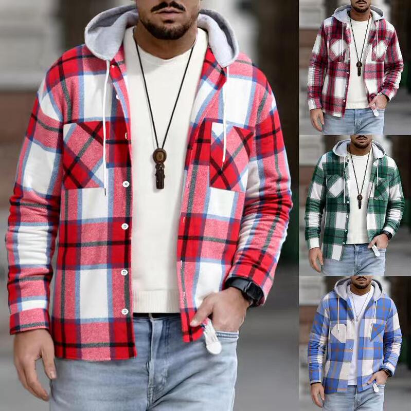 2025 Amazon Cross-Border European and American Men's New Plaid Jacket Shirt Double Pocket Hooded Jacket Casual Jacket
