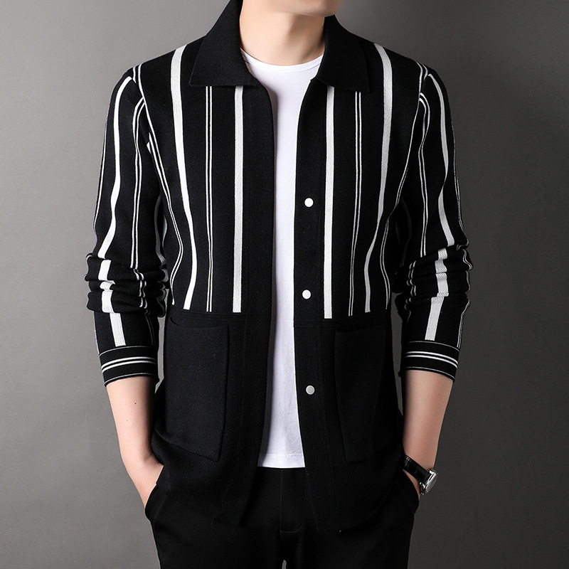 Men's Youth Vertical Striped Knit Cardigan Trendy 2025 Spring and Autumn Fashionable Comfortable Simple Warm Sweater for Men