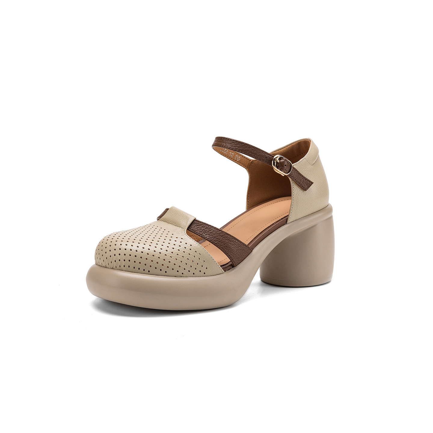 Sandal nữ da cừu mũi trùm đục lỗ quai ngang khóa một chữ gót thô 7.5 cm — màu trắng ngà chi tiết 22