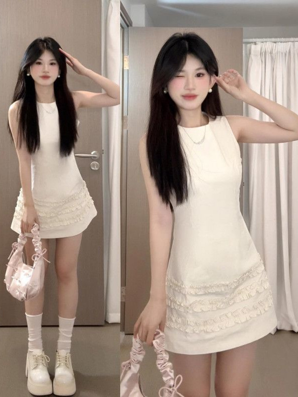 韩系白色无袖木耳边连衣裙女2025夏绝美小白裙收腰a字掐腰包臀裙|undefined