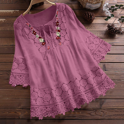Summer Cotton-Linen Blended Lace Edge Elegant European-American V-Neck Loose Women's Top