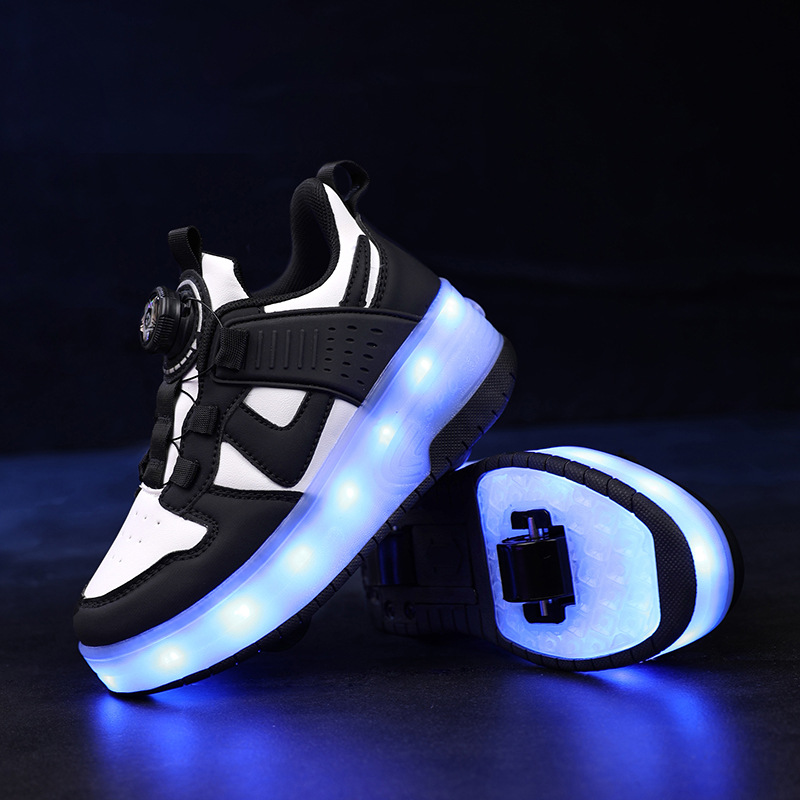 Luminous boys' and girls' walking shoes 2023 explosive trend flash roller skates large children's rotary buckle walking shoes_voghion.com