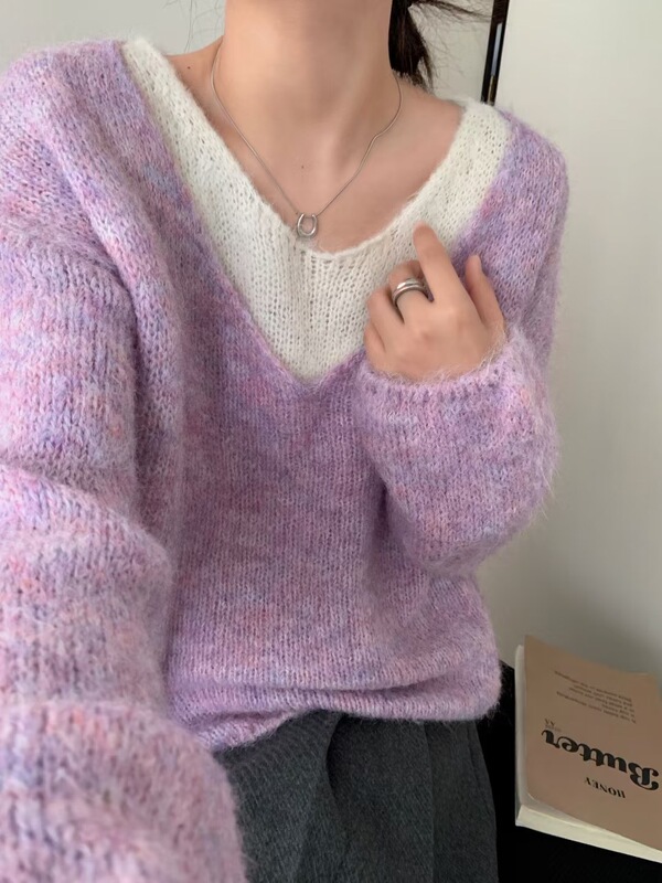 假两件拼接v领针织衫毛衣女早秋新款宽松显瘦软糯长袖打底衫上衣|undefined