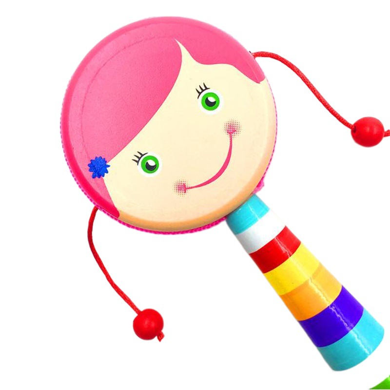 Factory direct hand-painted cartoon rattle baby wooden hand drum early education educational toys