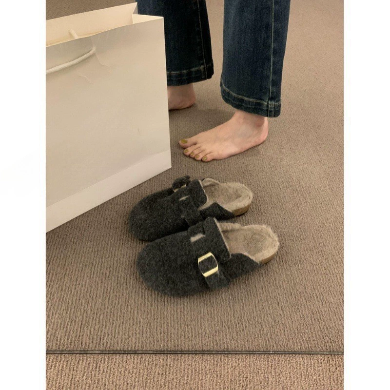 Волосатые туфли с пробковым дном на толстой подошве женские теплые хлопчатобумажные туфли осенью и зимой