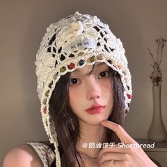 民族风镂空包头帽子女时尚手工钩花编织流苏绑带针织毛线帽套头帽