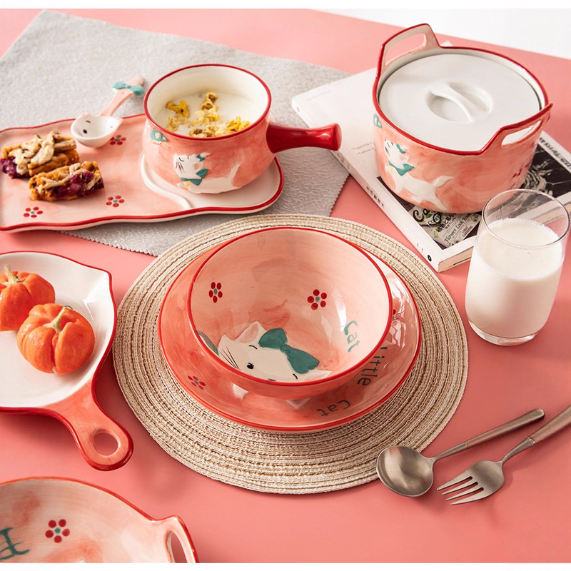 Japanese-style Cartoon Ceramic Tableware Set Bowl Dish Plate Underglaze Color Rice Bowl Household Dish Cute Cup Internet Red Pink