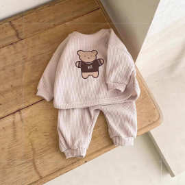 婴儿秋季衣服华夫格宝宝秋装男女卡通可爱儿童长袖长裤两件套套装