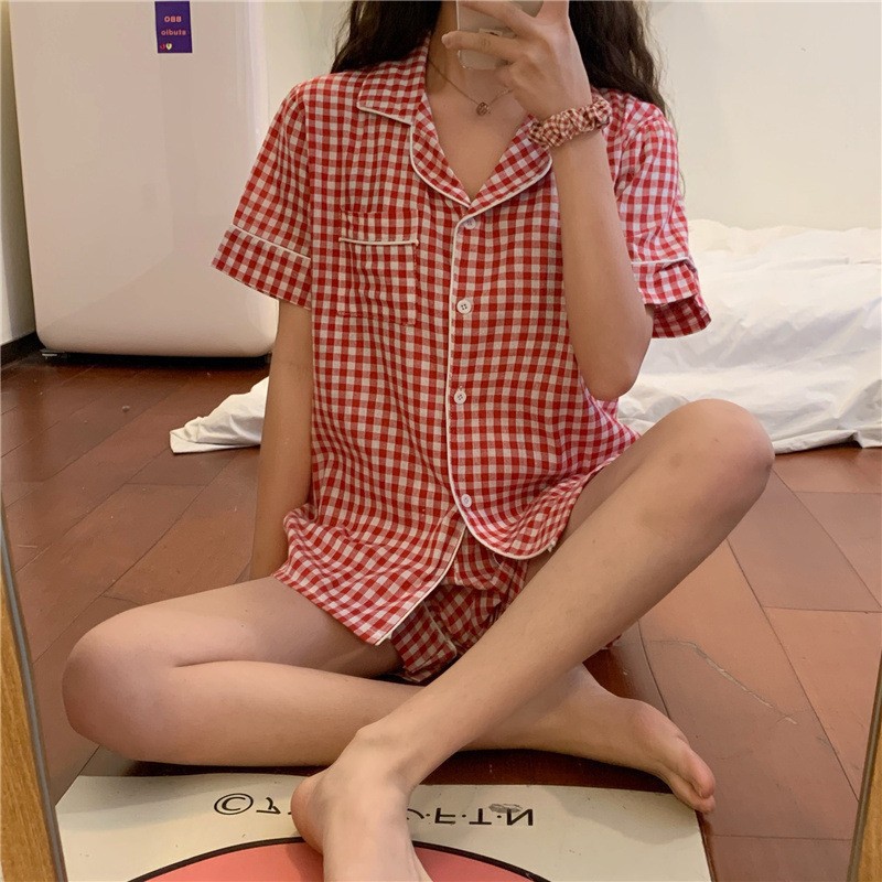 东南亚跨境外贸韩版睡衣女格子夏开衫短袖短裤甜美可爱家居服套装