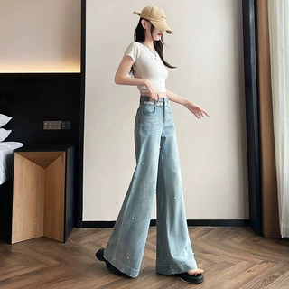蕾丝钉珠阔腿牛仔裤女2026年秋季新款珍珠装饰垂感宽松直筒喇叭裤