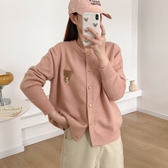 批发韩版春季刺绣卡通小熊宽松开衫减龄百搭上衣针织衫女装短外套