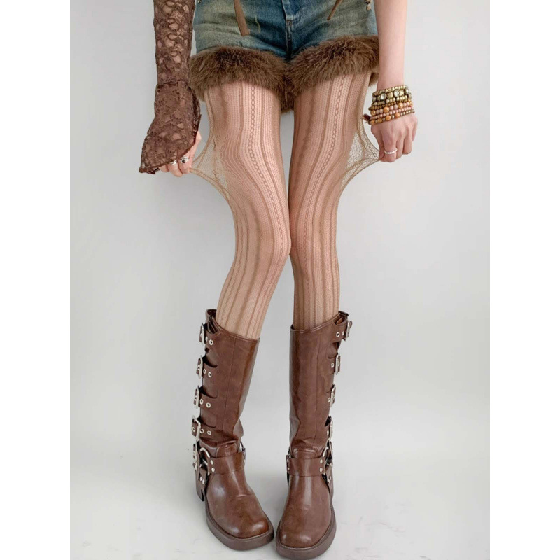 Spring Summer Retro Vertical Jacquard Sexy Black Silk Hot Girl Pure Desire Beautiful Leg Stockings Hollow Lace Mesh_voghion.com
