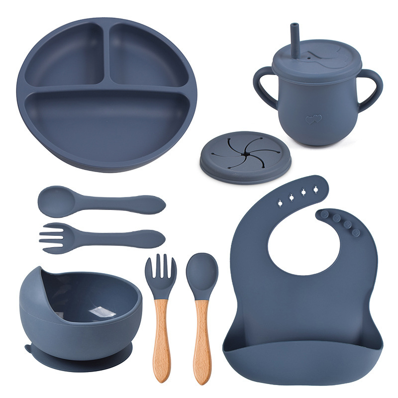 9-Piece Baby Tableware Set Silicone Bowl Round Smiley Face Plate Bib Divided Plate Bowl Spoon Fork Cup Set 9-Piece Baby Tableware Set Silicone Bowl Round Smiley Face Plate Bib Divided Plate Bowl Spoon Fork Cup Set