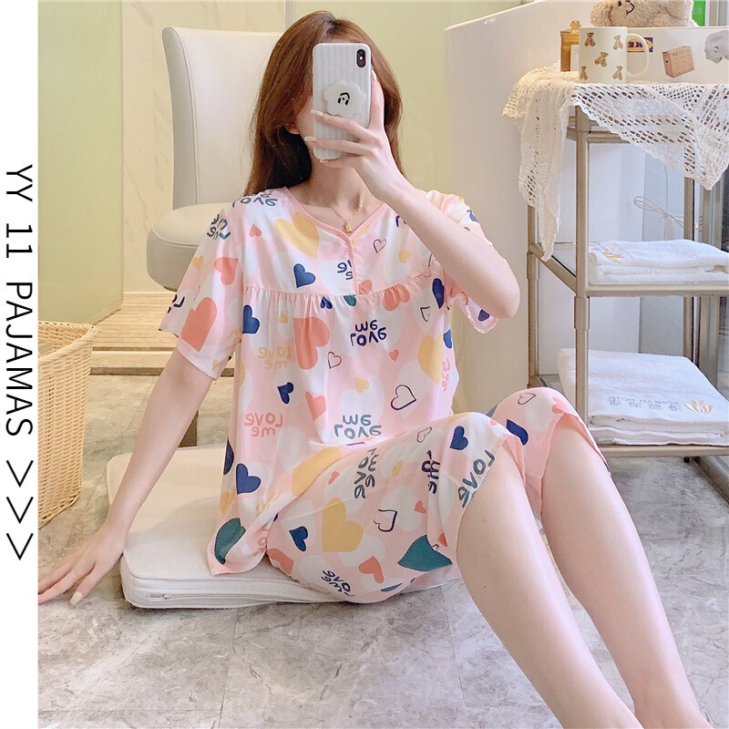 YY New Cotton Silk Short-sleeved Pajamas Women's Summer Student Air-conditioning Suit Mother's Western Style Sweet Cotton Silk Home Clothes Thin