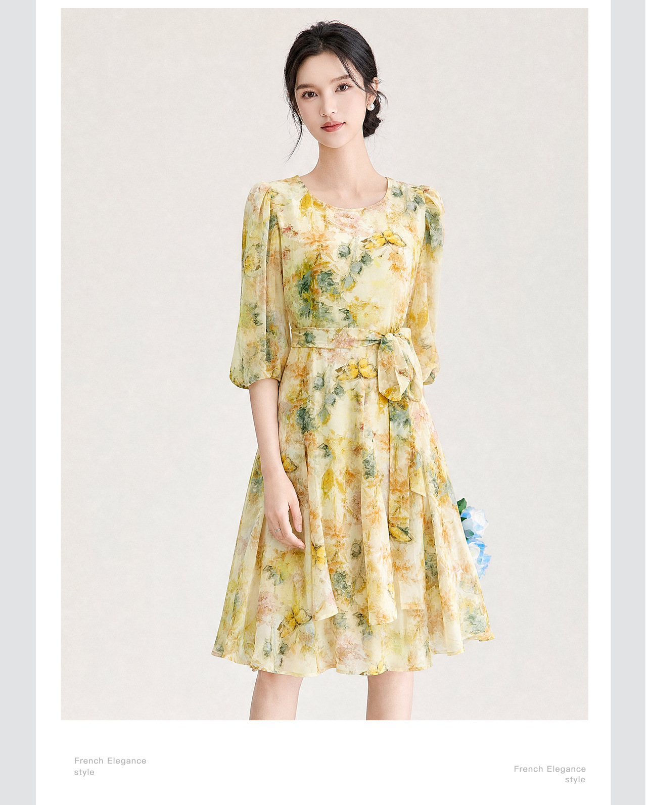 Đầm maxi nữ tay phồng hoa nhí chất liệu voan chiffon — xanh lá cây chi tiết 10