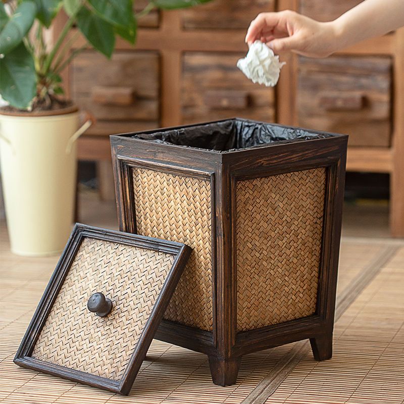 Retro Antique Wooden Trash Can Solid Wood Rattan Living Room Tea Room Home Chinese Kitchen Trash Can with Lid