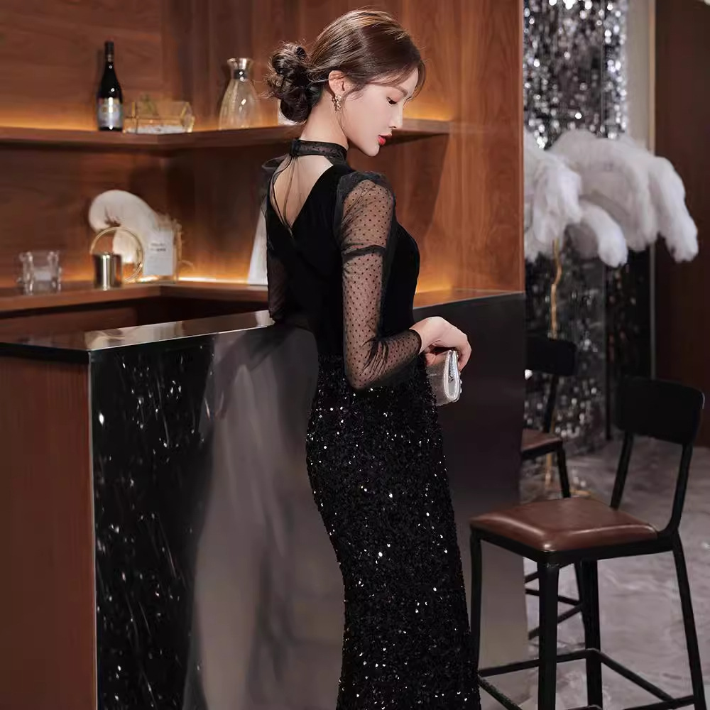 Nuevo Vestido de Noche Negro 2025 con Estilo Elegante, Ideal para Banquetes, Estilo Sirena, Vestido para Actuaciones Vocales, Manga Larga, Apto para Anfitrionas, con un Temperamento Refinado.
