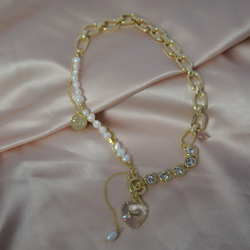 38g Weight 14K Gold Plated Plating Material Glass Pendant Material Necklace Classification Copper Chain Material 1 Piece Quantity Casual Occasion Freshwater Pearl Material Heart Shape Pattern Women's Gender Plating Design Fairy Style Style Fairy Style Heart Shape Freshwater Pearl Plating 14K Gold Plated Women's Necklace 5