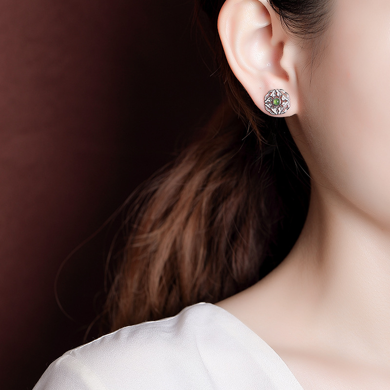 Bông tai nữ bạc S925 mạ vàng đính ngọc bích jasper phong cách retro — Mẫu Xiangyun