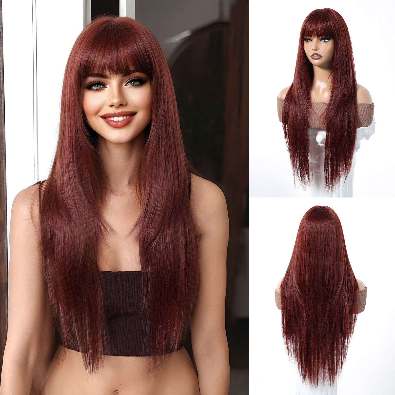Peluca, cabello largo para mujer, nuevo producto, flequillo de ocho caracteres, blanco plateado degradado, temperamento natural, cabeza alta, cabello largo y liso, cubierta completa