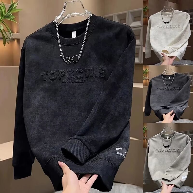 2025 Autumn and Winter Velvet Thickened Sweatshirt Men's Trendyy Versatile Pullover Tie-Dye Letter Stamped Top Men's Long Sleeves