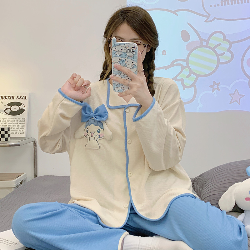 Más tamaño nuevo pijamas de las mujeres waffle algodón otoño y el invierno manga larga pequeña solapa cardigan linda chica traje hogar desgaste