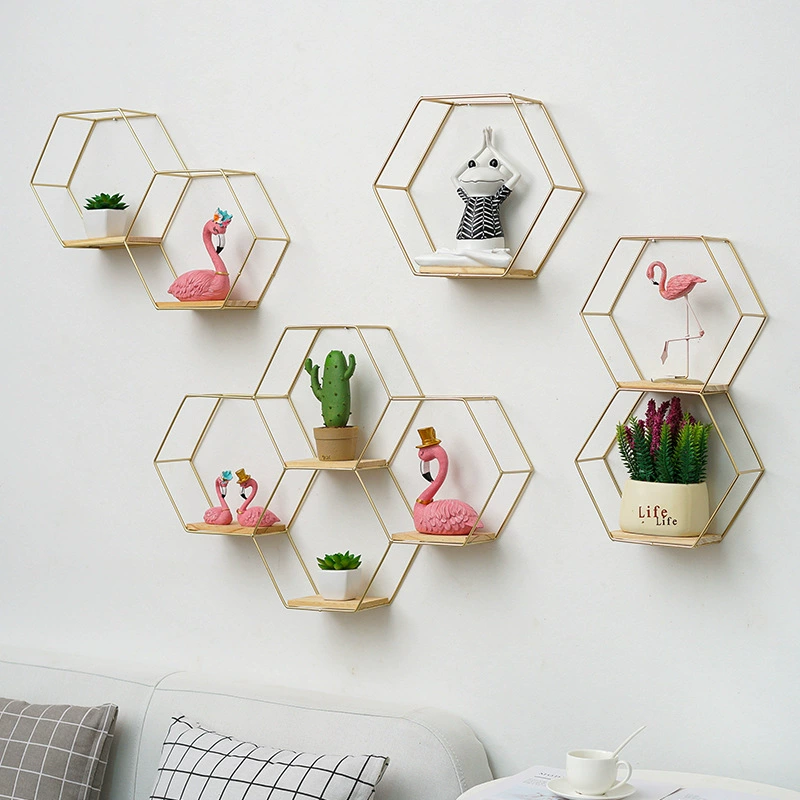 Wall storage rack hexagonal, no‑punch metal hanging shelves, modular single & multi‑unit combinations
