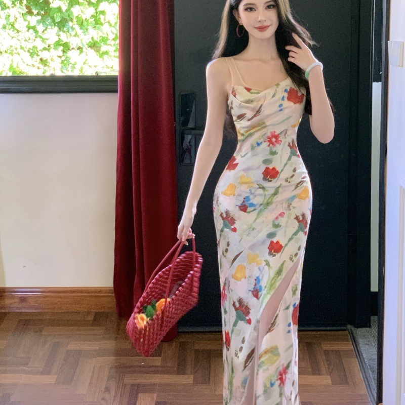 法式修身碎花吊带裙夏日旅行拍照油画长裙优雅连衣裙海边度假裙子|undefined