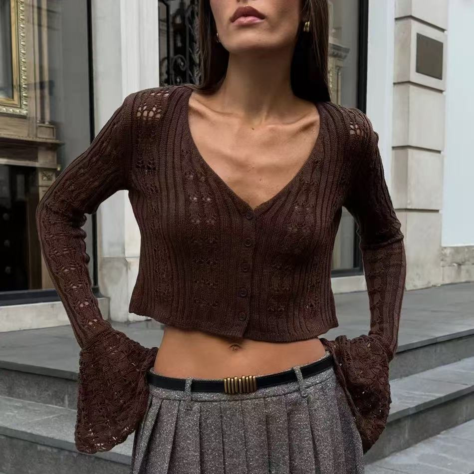 European And American Cross-border Fashion Hollow-out Cardigan For Women, New Solid Color Long-sleeve V-neck Short_voghion.com