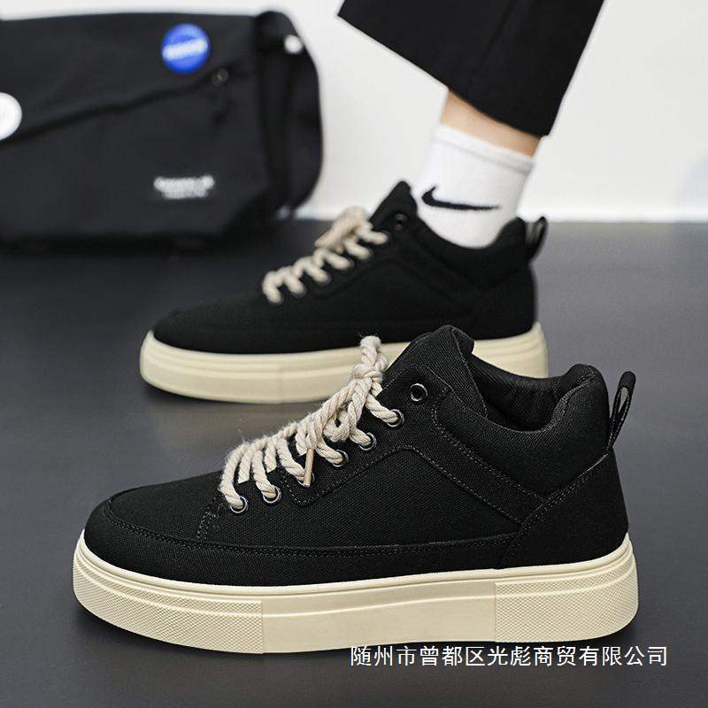 High-Top Canvas Men's Shoes Autumn Trendy Versatile Cloth Shoes Sports Casual Thick-Soled Height-Increasing Black Retro Sneakers Trendy Shoes