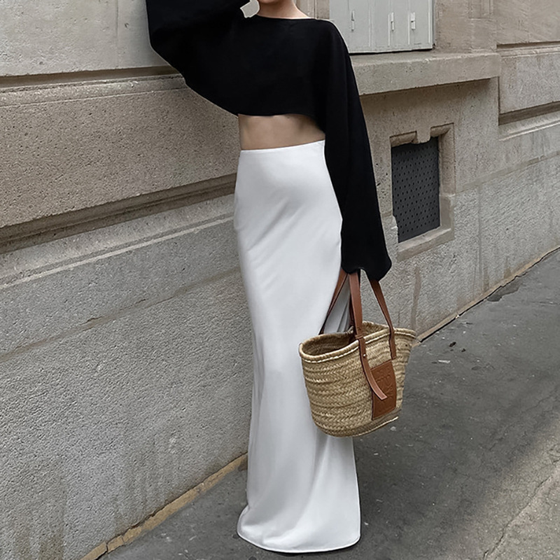 2025 New French Light Mature White Banquet Satin Slim Fishtail Skirt Feminine Drape High Waist Floor-Length Skirt