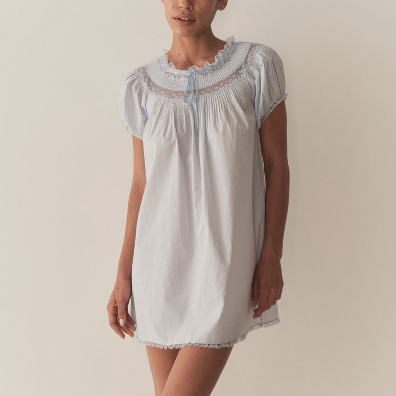 2025 New Summer Style Lace Round Neck Splicing Dress Sweet Puff Short-Sleeved Skirt for Women