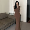 Long sleeved dress， women's coffee colored base， slim fit， fishtail， solid color dress