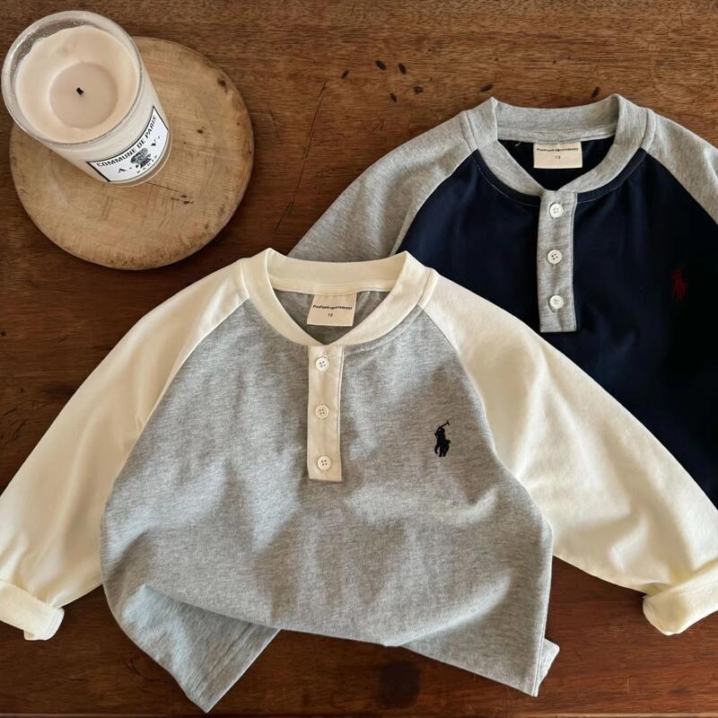 Korean Children's T-Shirt 26 Spring and Autumn New Style Unisex Color-Blocking Long-Sleeve Base Shirt Baby Japanese Trendy Brand Polo Shirt