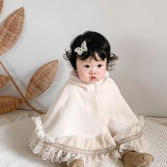 新款春秋婴幼儿童女宝宝蕾丝花边披肩斗篷连帽开扣公主风外套