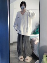 秋冬美式慵懒风宽松V领马海毛毛衣女仿水貂毛加厚针织打底衫上衣