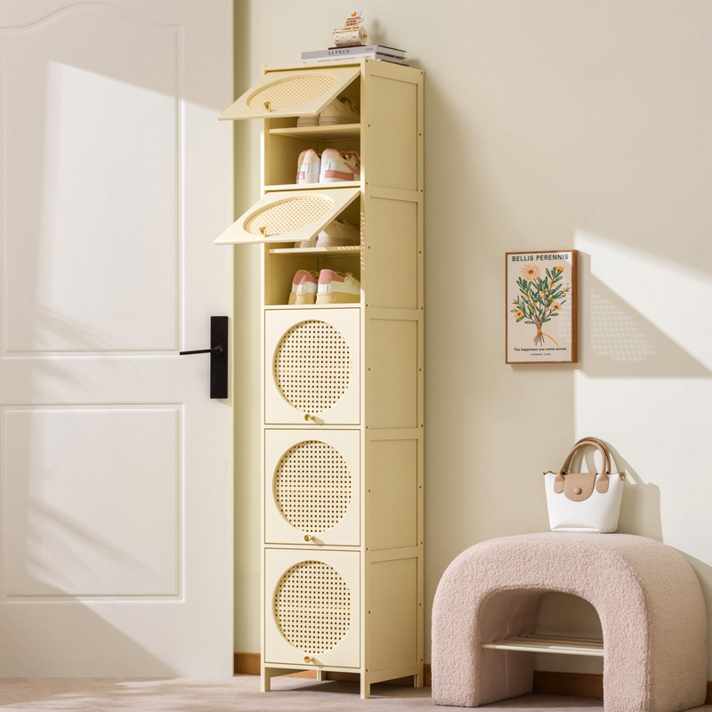 New Cream-Style Dopamine Shoe Cabinet for Home Entry, Simple Doorway Multi-Layer Dustproof Storage Shoe Rack, Small Narrow Bamboo