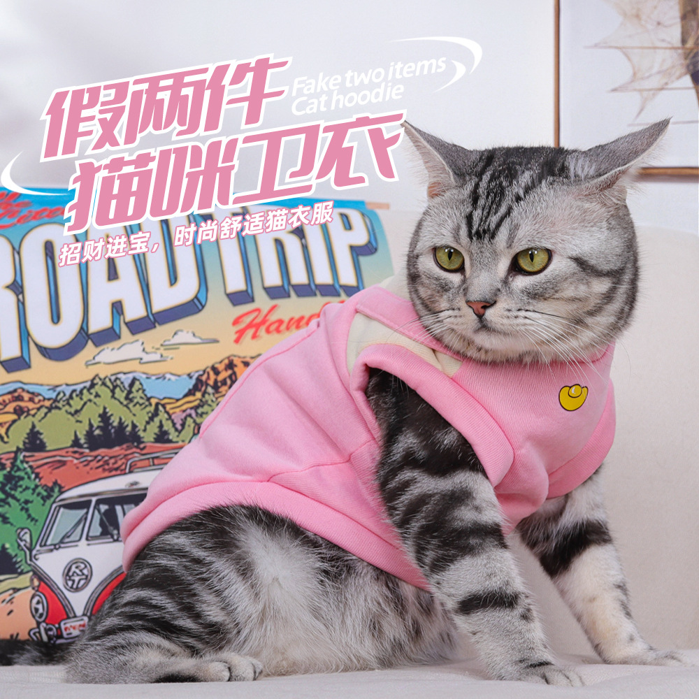 Ropa de gato nuevo otoño invierno cálido perro suéter falso dos piezas de muñecas de pelo corto dibujos animados a prueba de viento chaleco de mascota gato