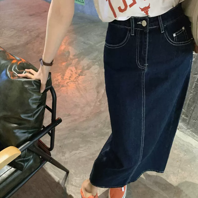 大量现货 复古牛仔裙百搭春季高腰显瘦中长款A字包臀半身裙开叉裙