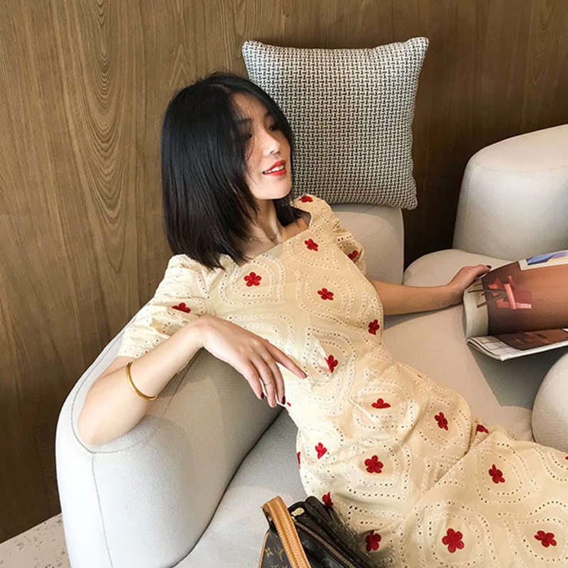 Váy maxi ren vai vuông phong cách Hepburn FL21199, chất voan mùa hè dài ngang đùi — Màu như hình chi tiết 4