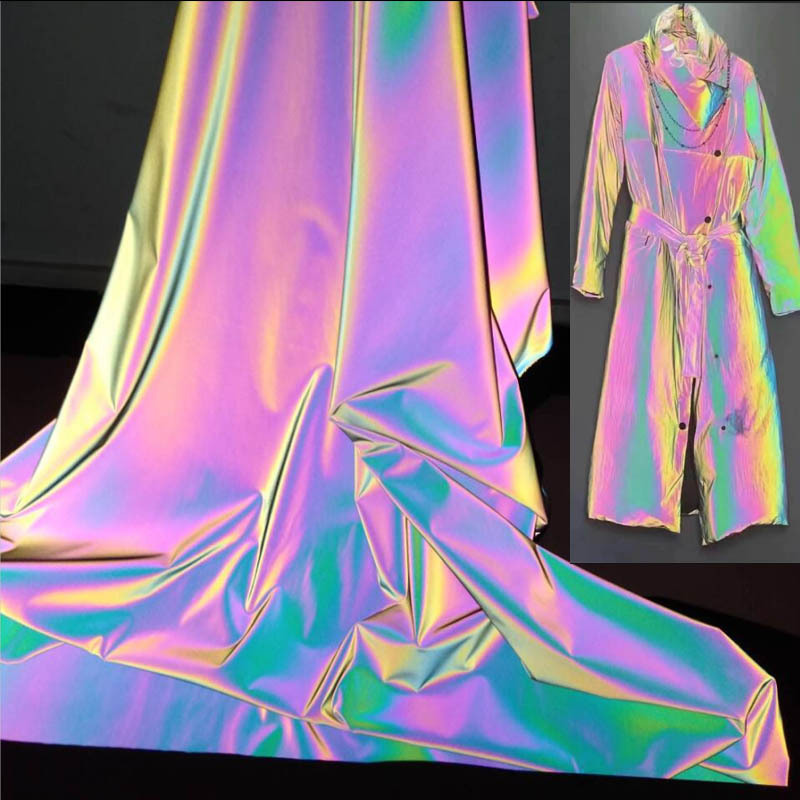 直供耐水洗時裝耐折全彩反光布防风风衣服装七彩四面针织底弹力布