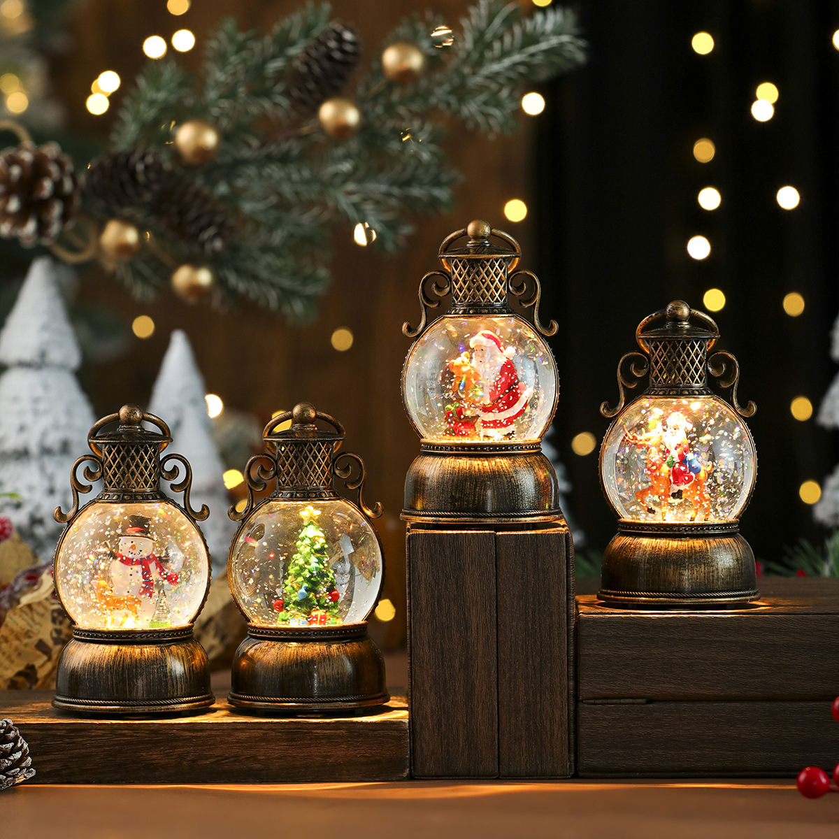 USB con música, nieve, adornos de resina luminosa navideña, adornos navideños, inyección de agua, cepillo portátil, luz de caballo dorado